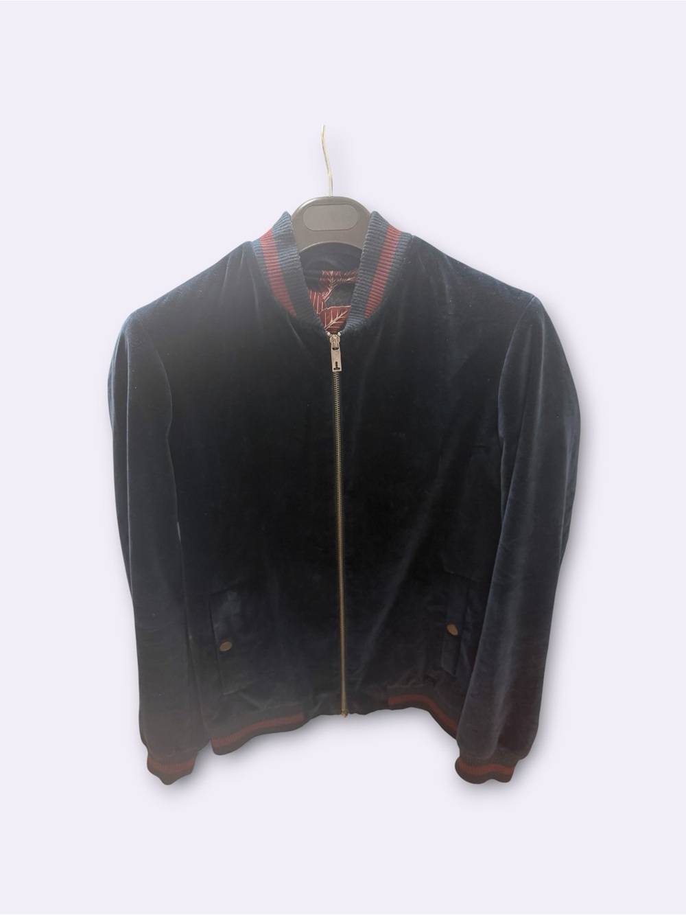 Ted Baker size 2 Navy Velvet Bomber Jacket with Contrast Trim and silk Interrior